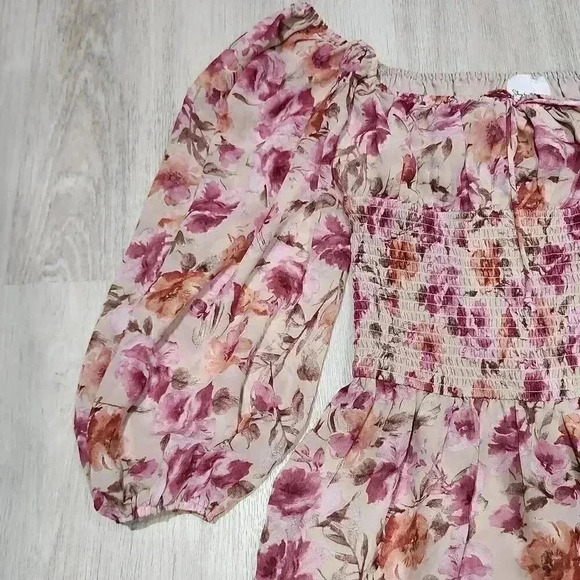 Sky to Moon Womens Floral Balloon Sleeve Smocked Waist Blouse Multi-Color Small - Picture 4 of 10